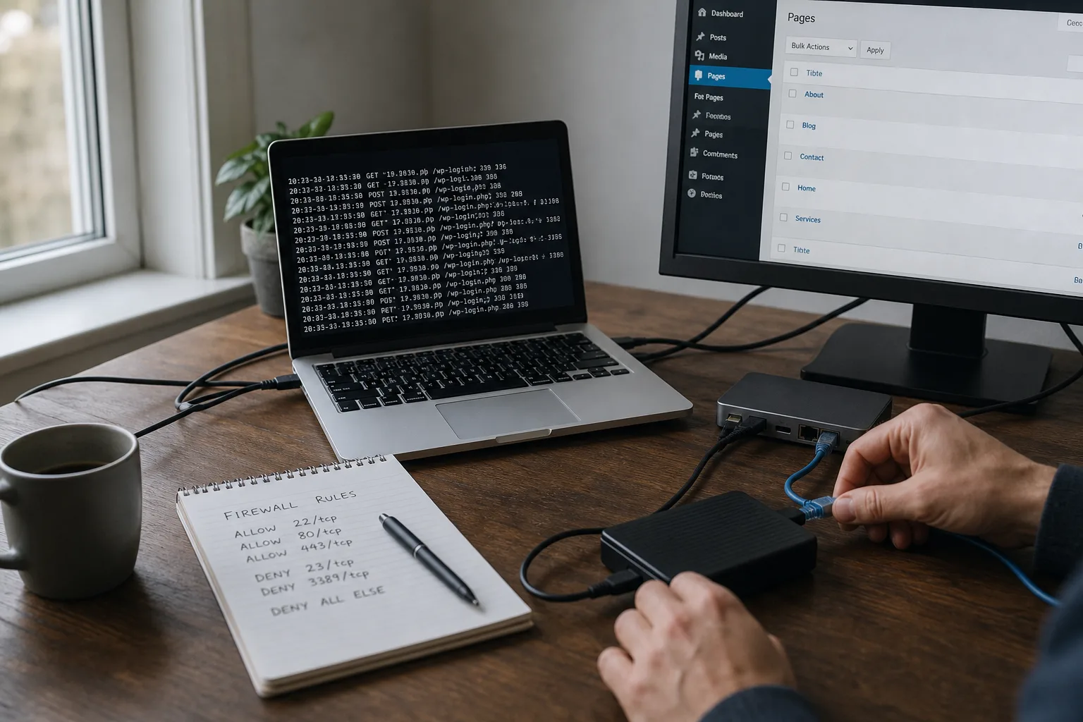 bureau d'exploitation web avec ordinateur portable, écran de monitoring et mains d'un technicien ajustant un disque dur.