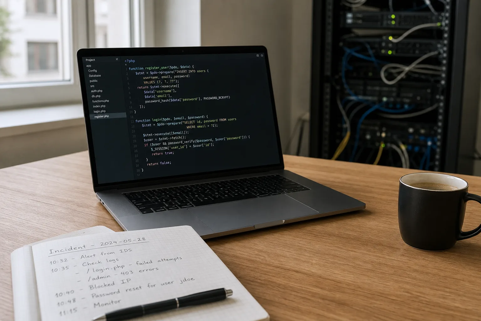 Bureau de travail sobre avec ordinateur ouvert sur du code PHP, carnet de notes et serveur en arrière-plan.