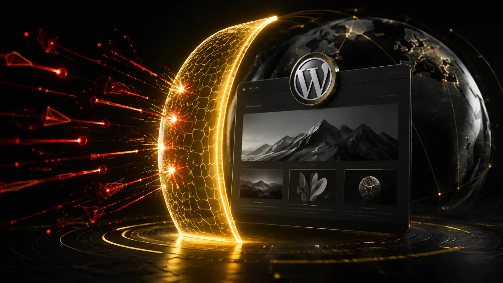 Laptop mit Web-Sicherheitsübersicht und Symbolen für Backup, Schloss, 2FA und Firewall